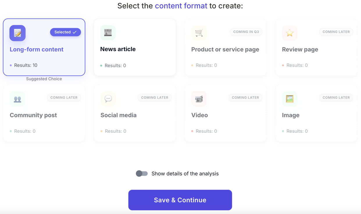 Content format selection with Long-form content selected (10 results); News article, product page, and other formats shown as coming soon.