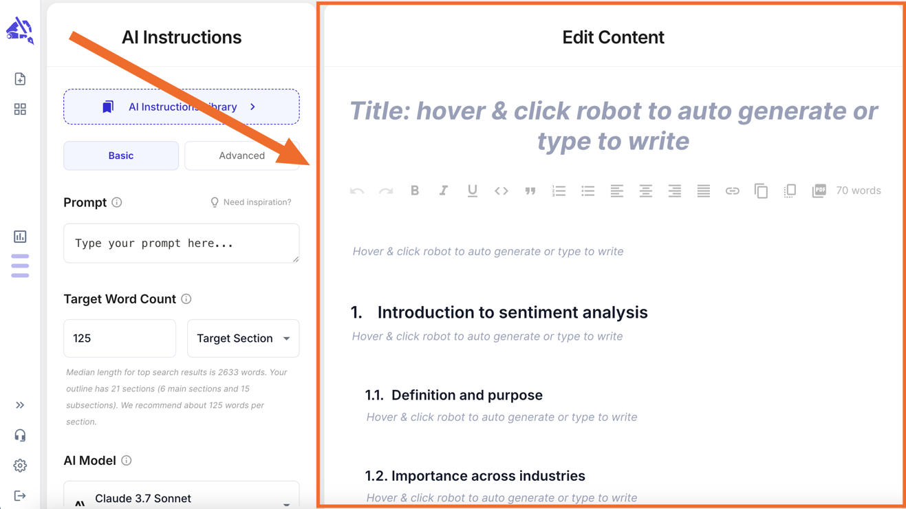 Co-Write screen with the right-hand Edit Content editor highlighted, showing the article title, formatting toolbar, and outline headings.