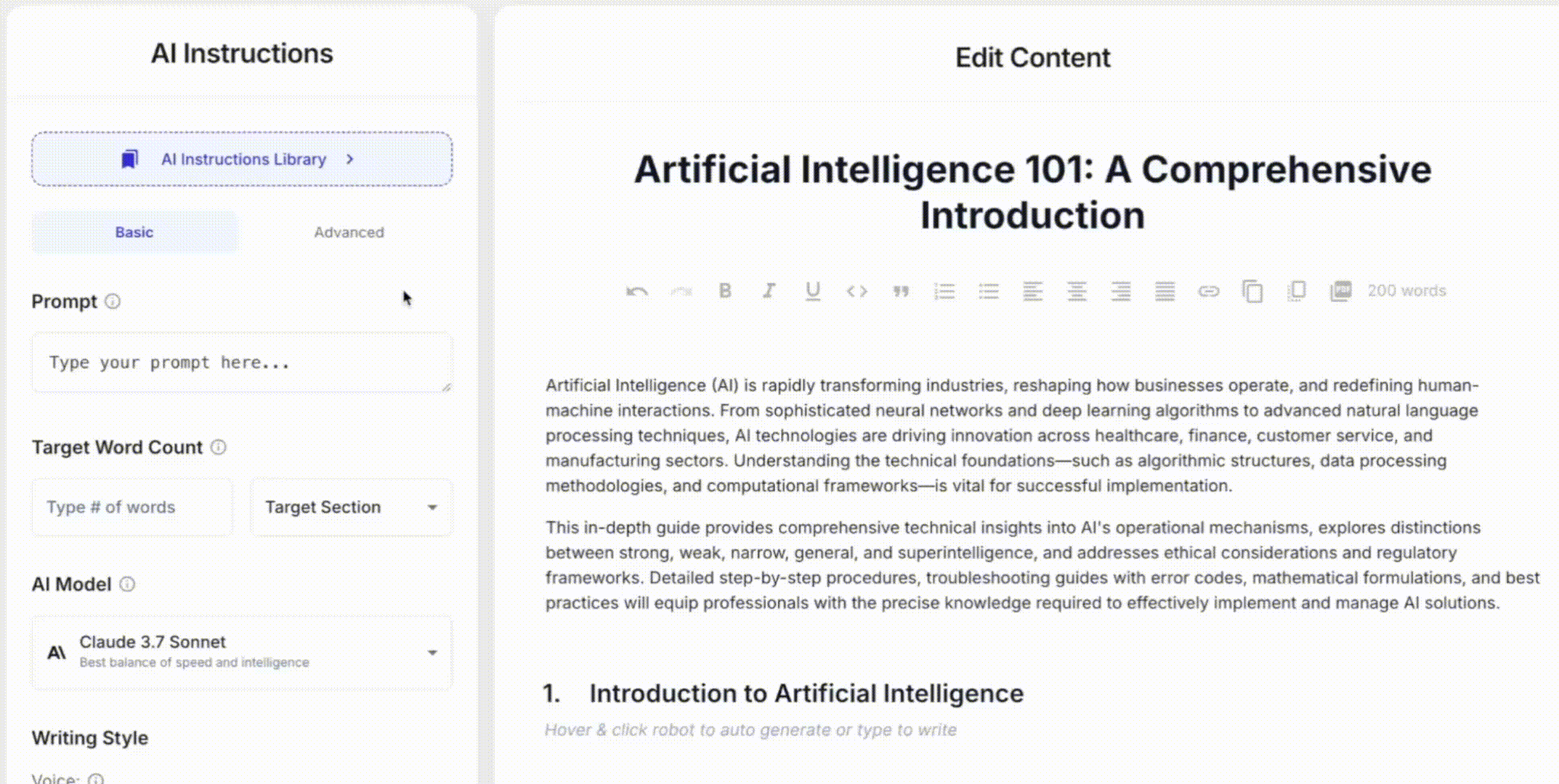 Animation showing AI-generated introduction paragraphs filling the article body in the Edit Content editor.