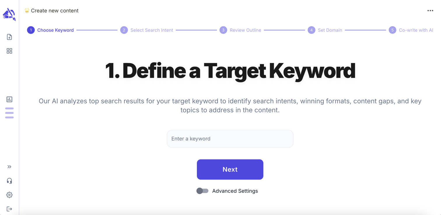 WordCrafter 'Create new content' wizard on step 1, Define a Target Keyword, with an empty keyword input and a Next button.