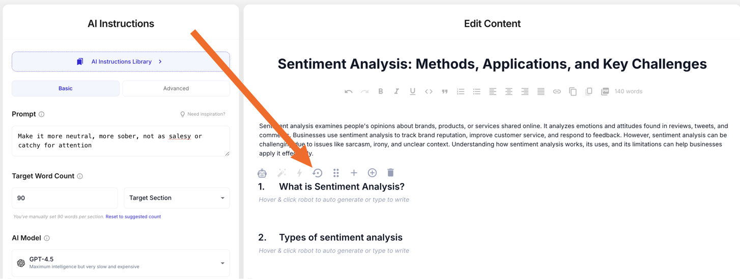 Edit Content editor with the highlighted clock icon in a section's hover toolbar used to open that section's version history.