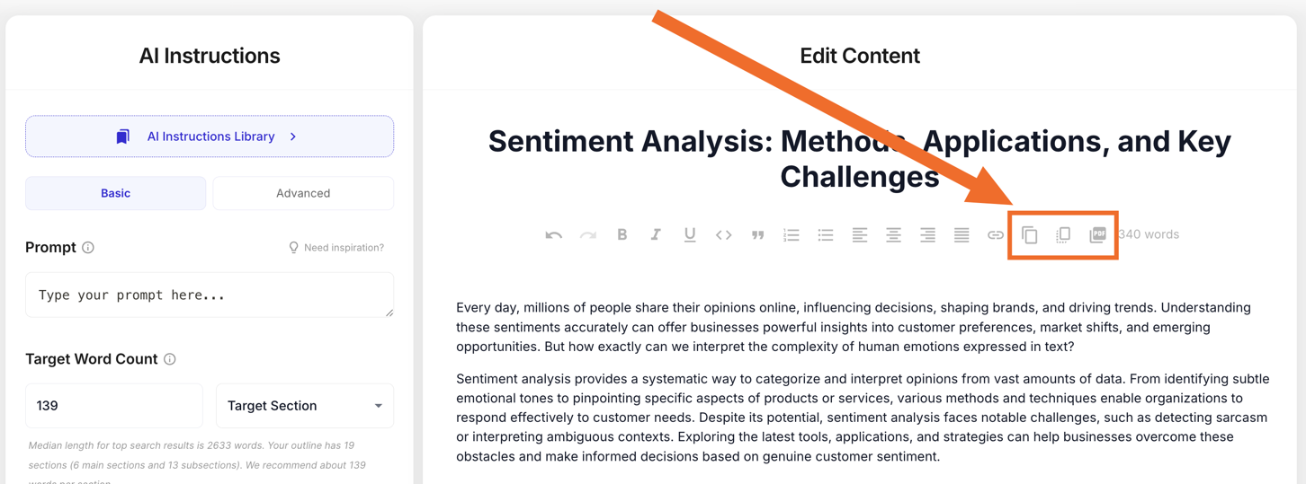 Edit Content editor with the highlighted export icons in the toolbar used to copy or download the finished article.
