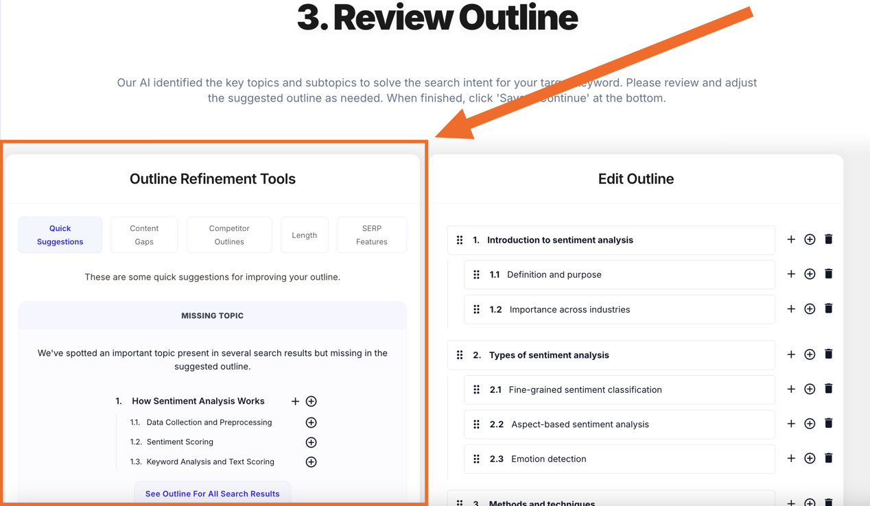 Review Outline screen with the left Outline Refinement Tools panel highlighted, showing its five tool tabs and a missing-topic suggestion.