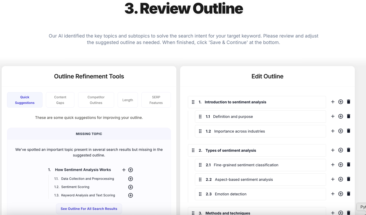 Step 3, Review Outline, split view with Outline Refinement Tools on the left and an editable, draggable Edit Outline panel on the right.