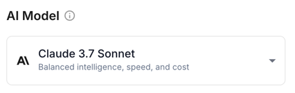AI Model selector showing Claude 3.7 Sonnet, described as balanced intelligence, speed, and cost.