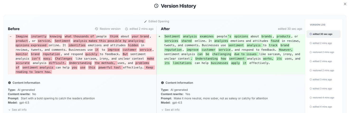 Version History modal comparing a section's Before and After text side by side with a version log of timestamped edits.