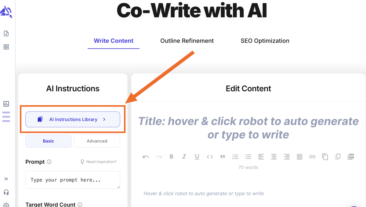 Co-Write screen with the AI Instructions Library button highlighted in the left panel above the Basic/Advanced tabs.