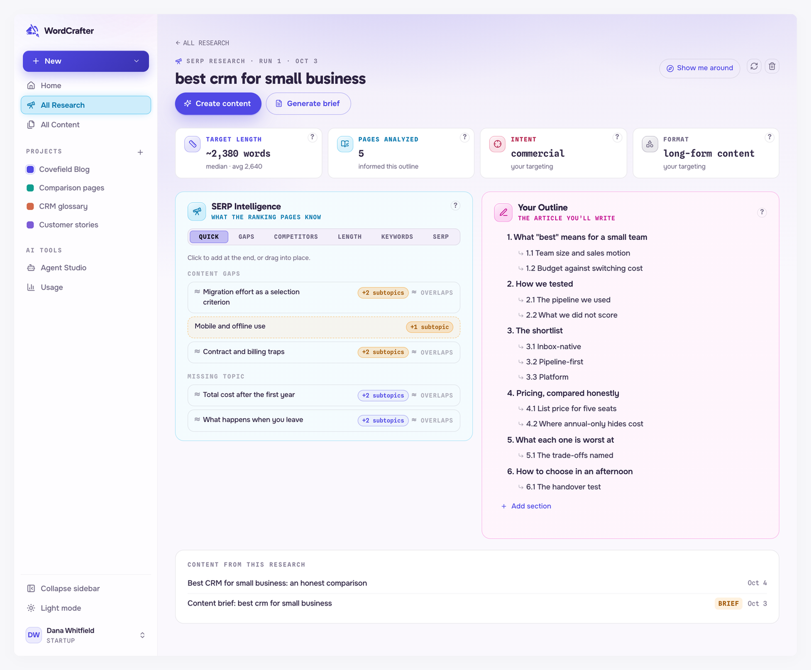 A long-form research for best crm for small business, with the Quick tab listing content gaps and missing topics with subtopic counts, four of the five marked as overlapping a section of the outline, beside Your Outline with six numbered sections and their subsections