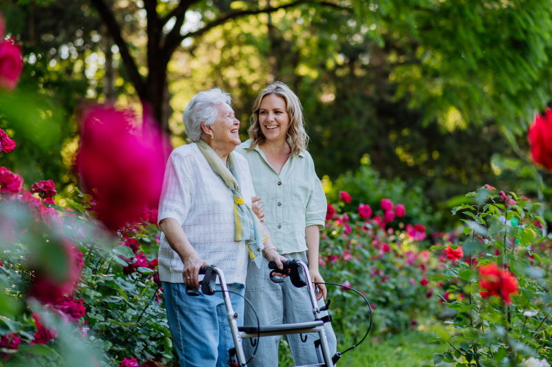 Une femme âgée marche dans un jardin de roses avec son déambulateur et est accompagnée de son aidante souriante.
Grâce au congé du proche aidant, la jeune femme a plus de temps pour se promener avec sa proche. 