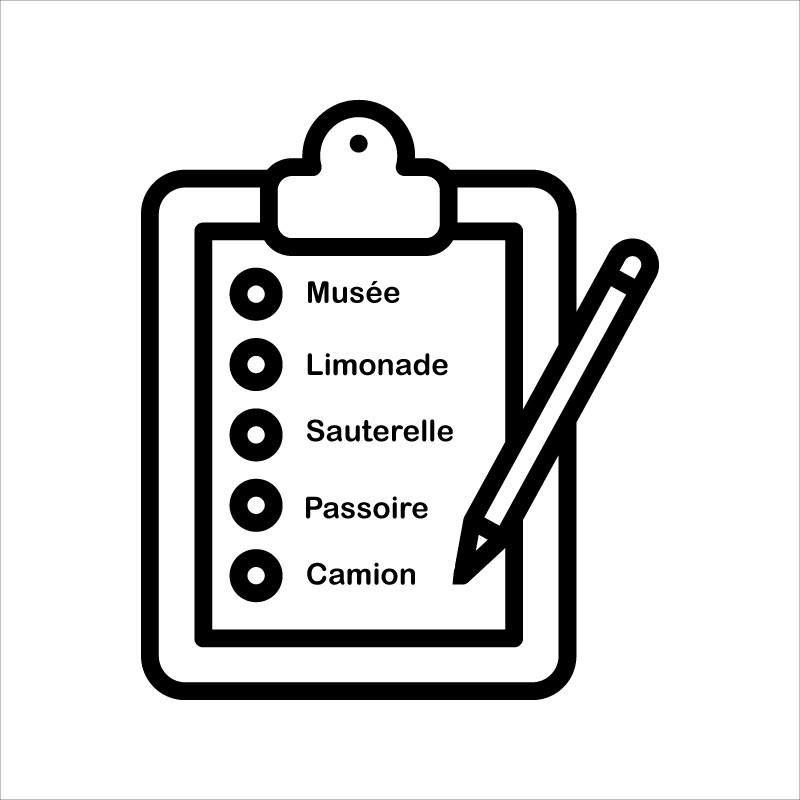 Liste des mots dans le teste des 5 mots permettant d'établir le diagnostic de la maladie d'Alzheimer