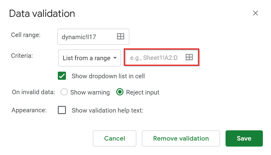 Data Validation in spreadsheet