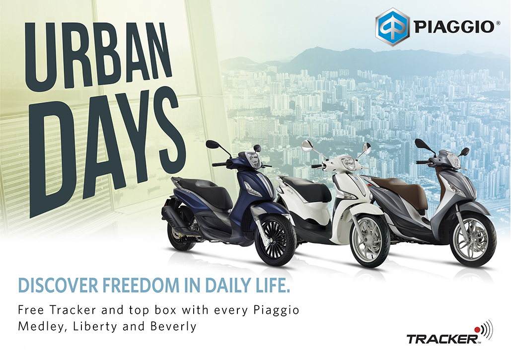 Free Tracker and top box with Piaggio Medley, Liberty and Beverly scooters until 31st May