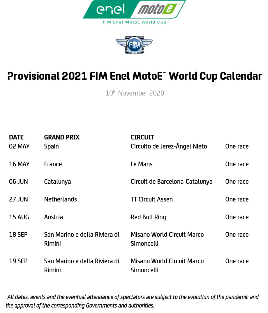 Provisional 2021 FIM Enel MotoE™ World Cup calendar announced