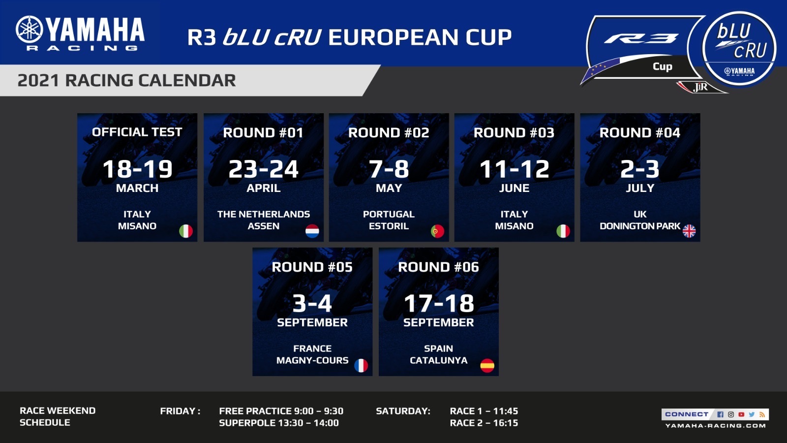 2021 Yamaha R3 Blu Cru European Cup Calendar Announced