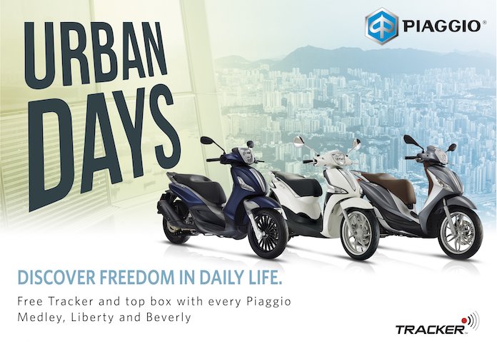 Free Tracker and top box with Piaggio Medley, Liberty and Beverly scooters until 31st May