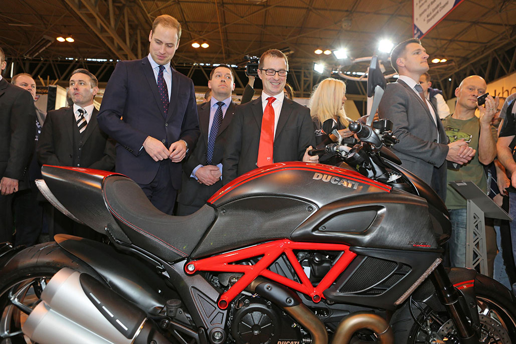 HRH Prince William, Duke of Cambridge visits the Ducati stand at Motorcycle Live