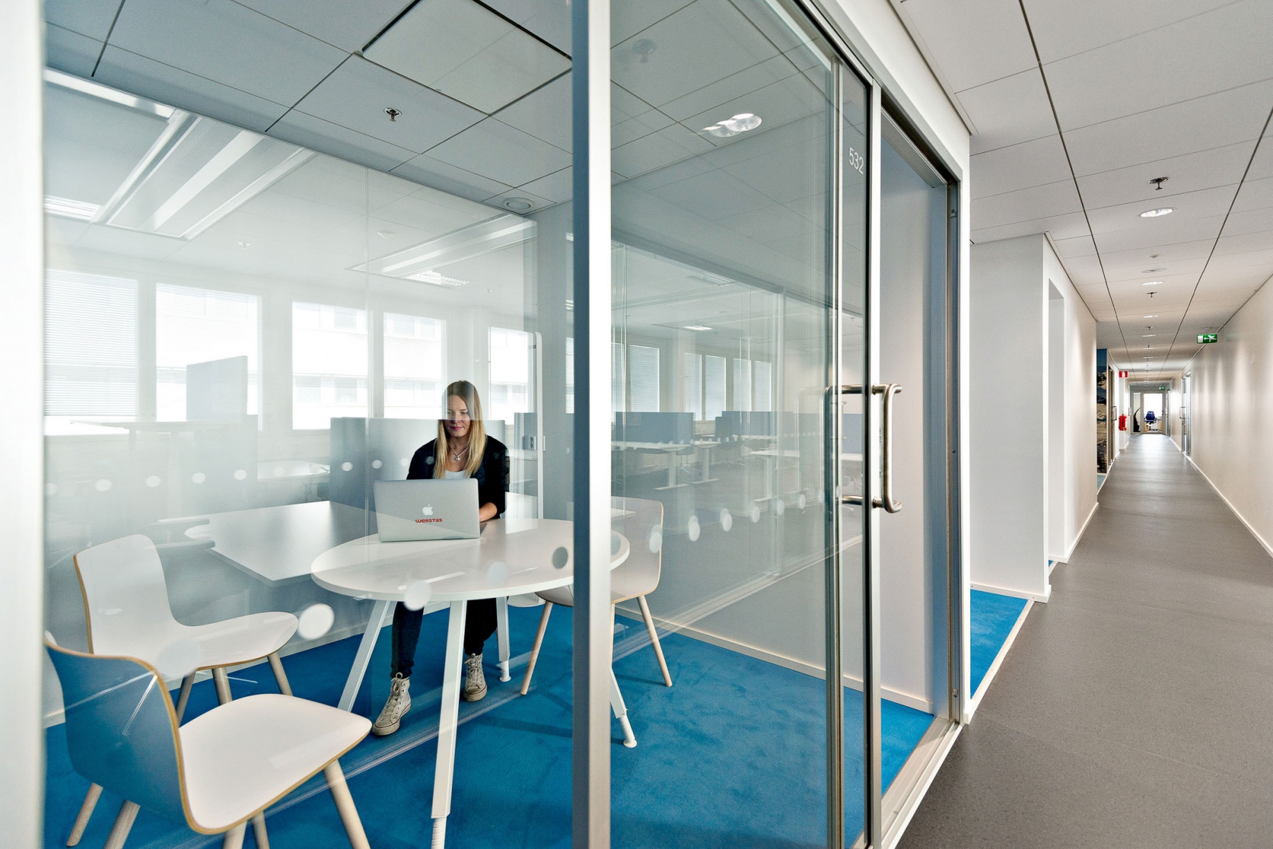 Henkilö työskentelee läppärillä Werstaan lasihytissä, jossa on valkoinen pöytä ja sininen matto.
