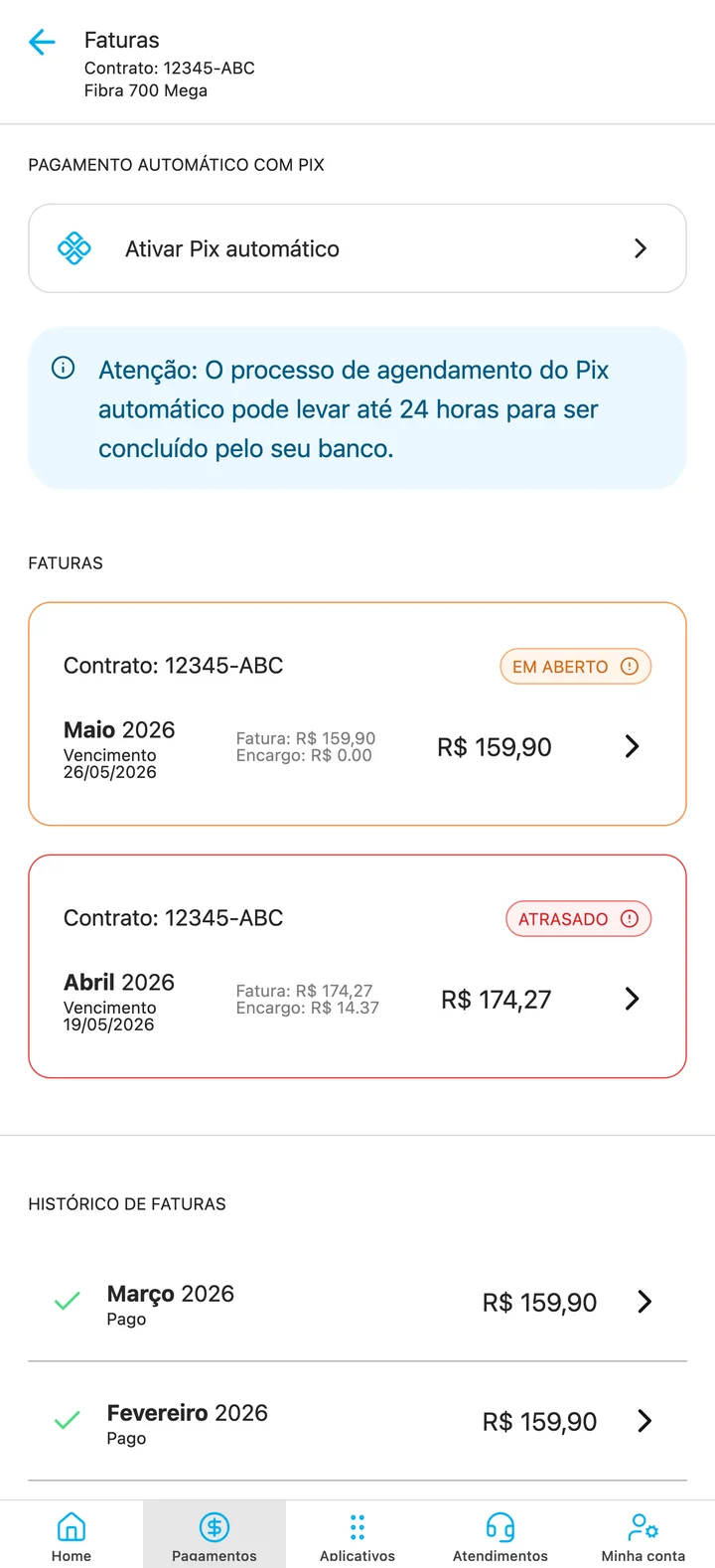 Tela de faturas do app com ativação de Pix automático, faturas em aberto e histórico de pagamentos