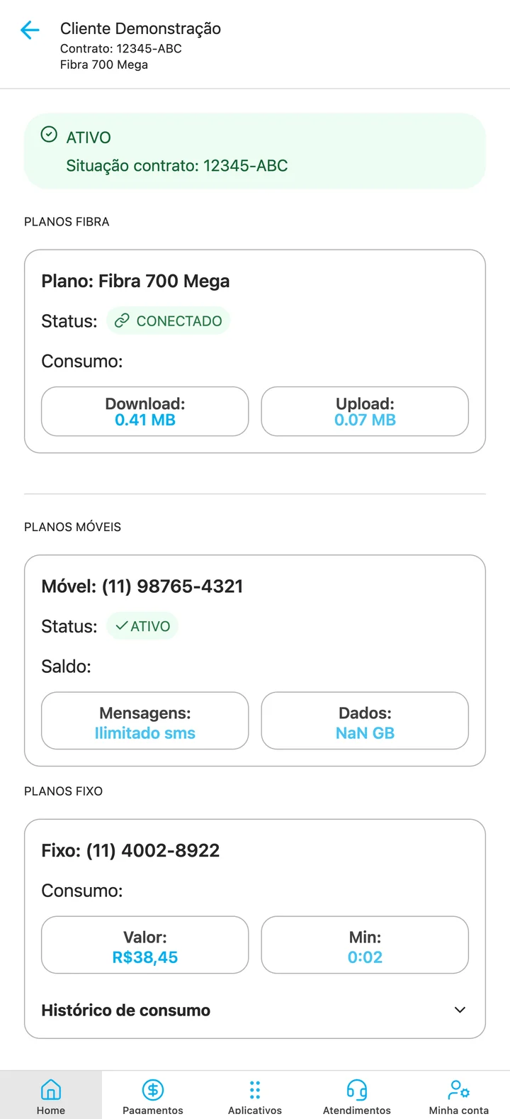 Tela de planos do app mostrando fibra, chip celular MVNO e plano fixo com consumo em tempo real