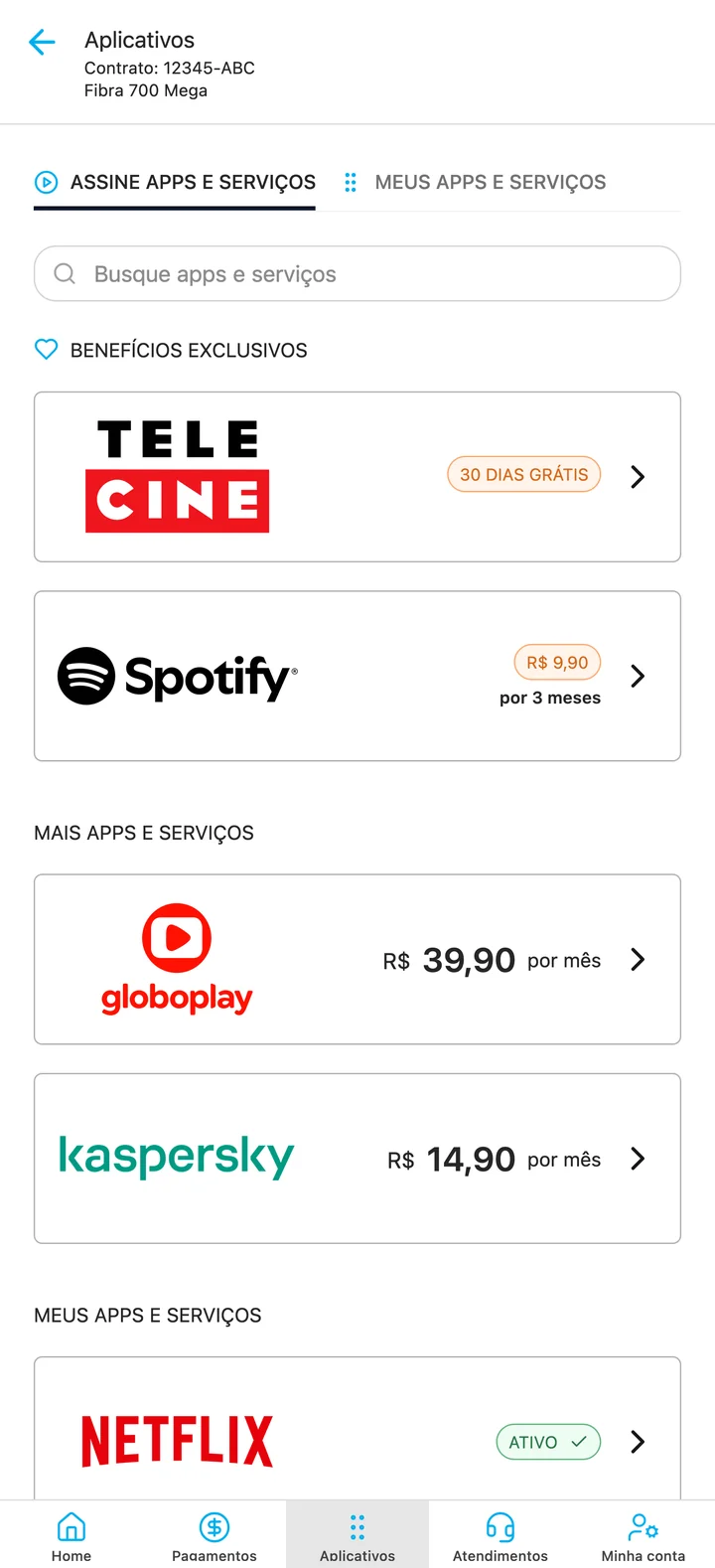 Tela do app mostrando catálogo de serviços agregados como Telecine, Spotify, Globoplay, Kaspersky e Netflix