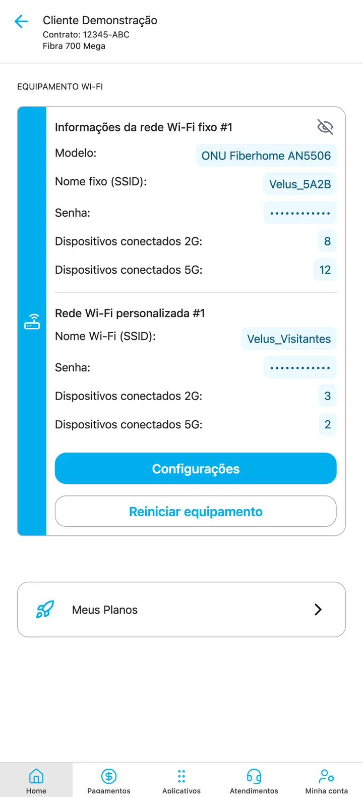 Tela do app exibindo informações do equipamento Wi-Fi e botão de reinício remoto do roteador ONU
