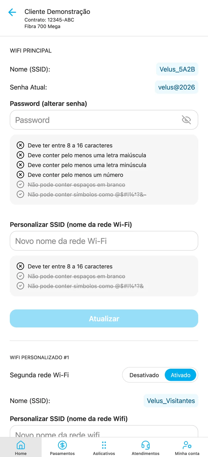 Tela do app do assinante mostrando troca de senha do Wi-Fi com regras de validação e configuração de rede de visitantes