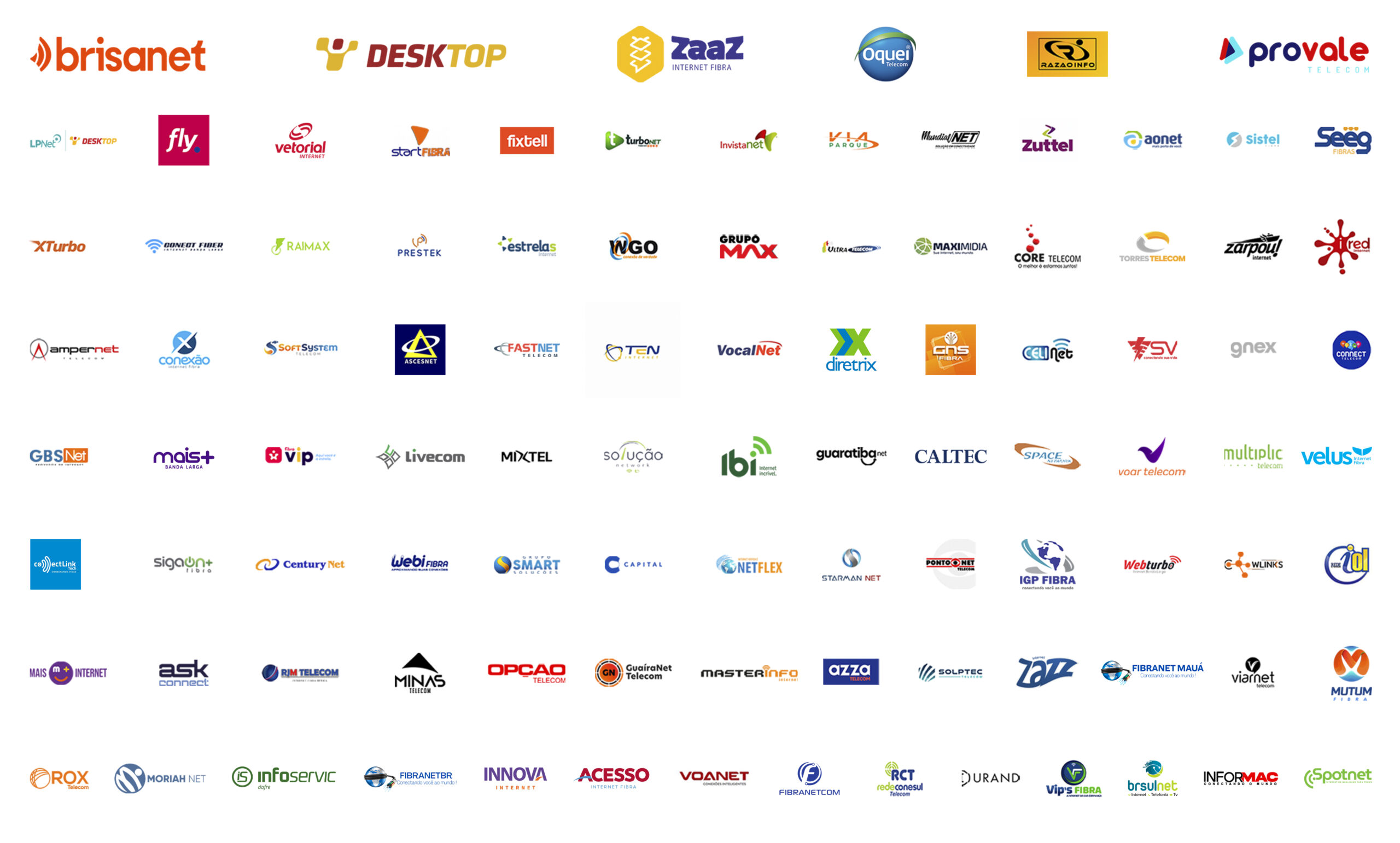 Logos dos provedores clientes Datacake — Brisanet, Desktop, Zaaz, Provale, Velus, Brasil inteiro