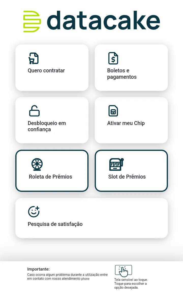 Tela inicial do totem Datacake mostrando 7 opções de autoatendimento: contratar, boletos, desbloqueio, ativar chip, roleta de prêmios, slot de prêmios e pesquisa de satisfação