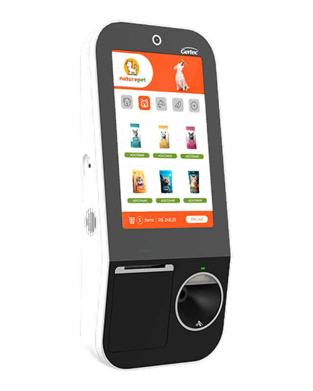 Totem de autoatendimento compacto Datacake Food com leitor de aproximação e impressora integrada