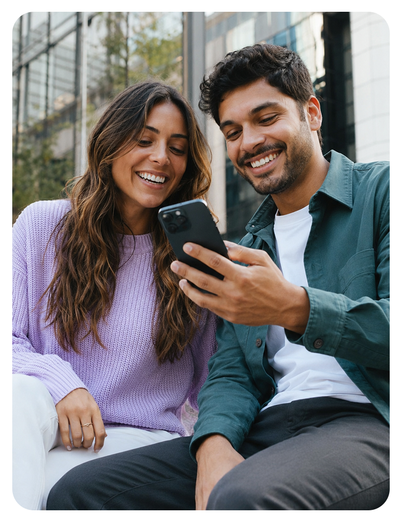Duas pessoas olhando para o celular e sorrindo, representando a conexão entre pessoas