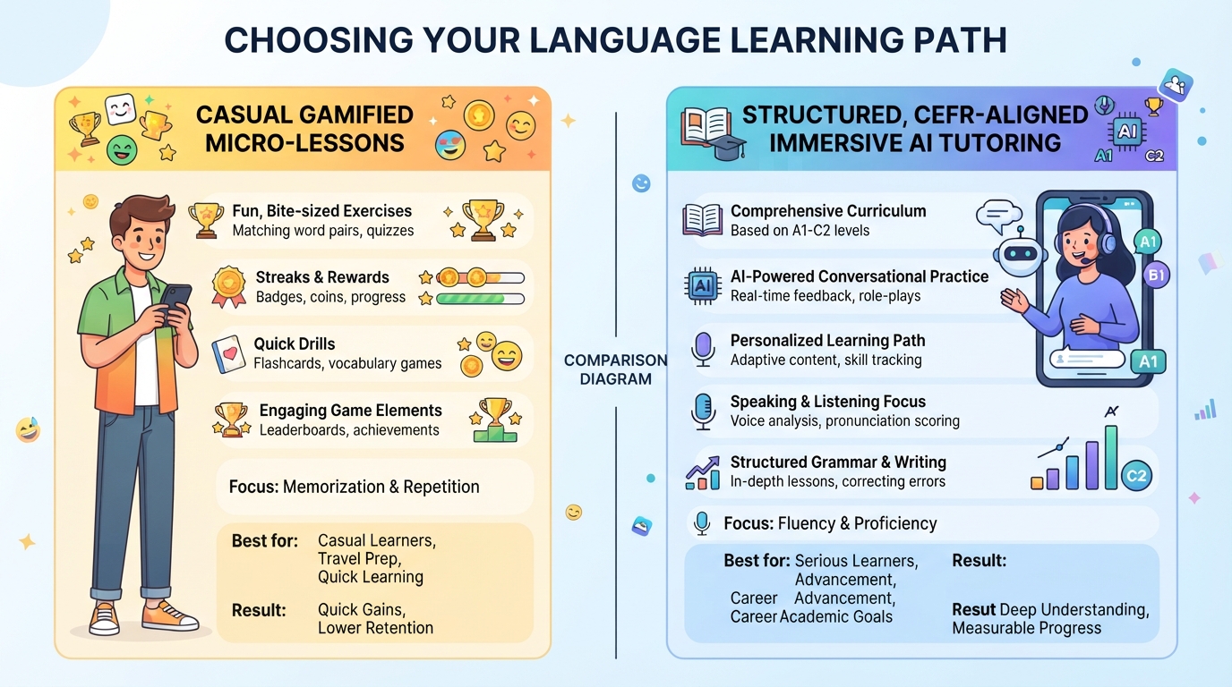 A side-by-side comparison diagram highlighting casual gamified micro-lessons versus structured, CEFR-aligned immersive AI tutoring