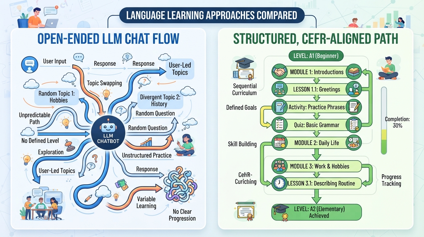 Comparison diagram showing open-ended LLM chat flow versus a structured, CEFR-aligned learning path