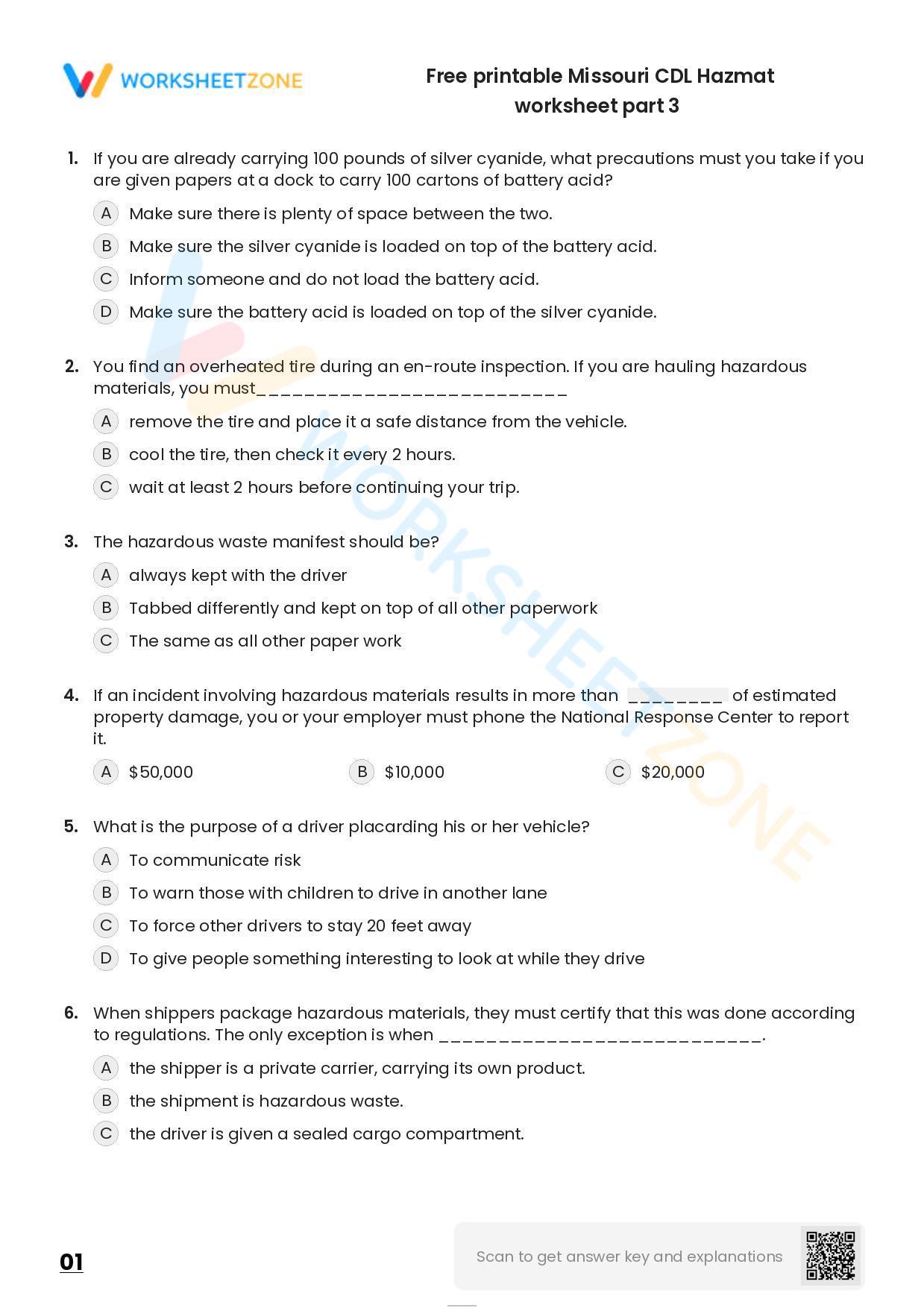 Free printable Missouri CDL Hazmat worksheet part 11 | Worksheet Zone