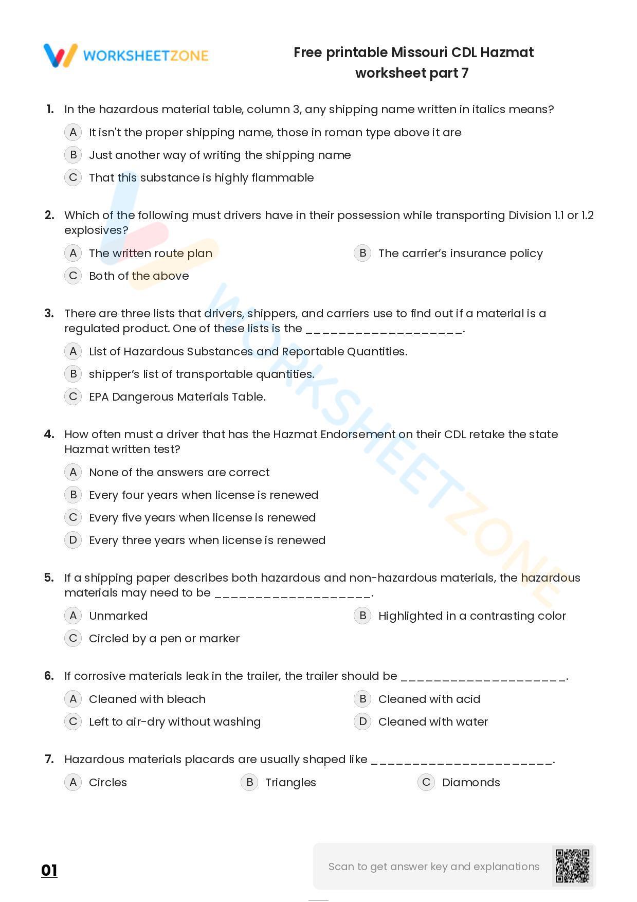 Free Printable Missouri CDL Hazmat Worksheet Part 7