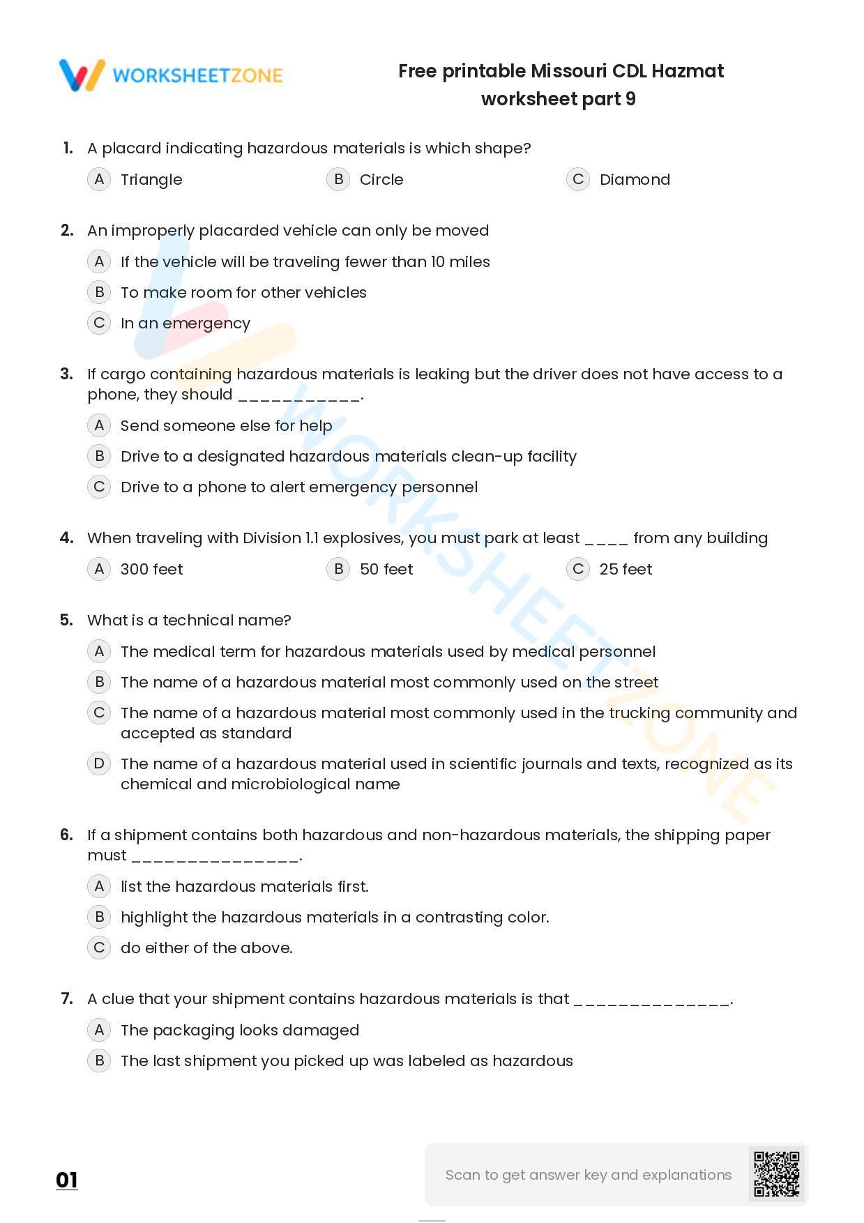 Free Printable Missouri CDL Hazmat Worksheet Part 9