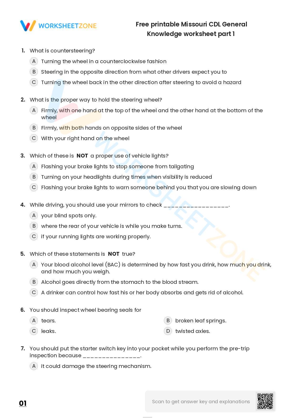 Free Printable Missouri CDL General Knowledge Worksheet Part 1