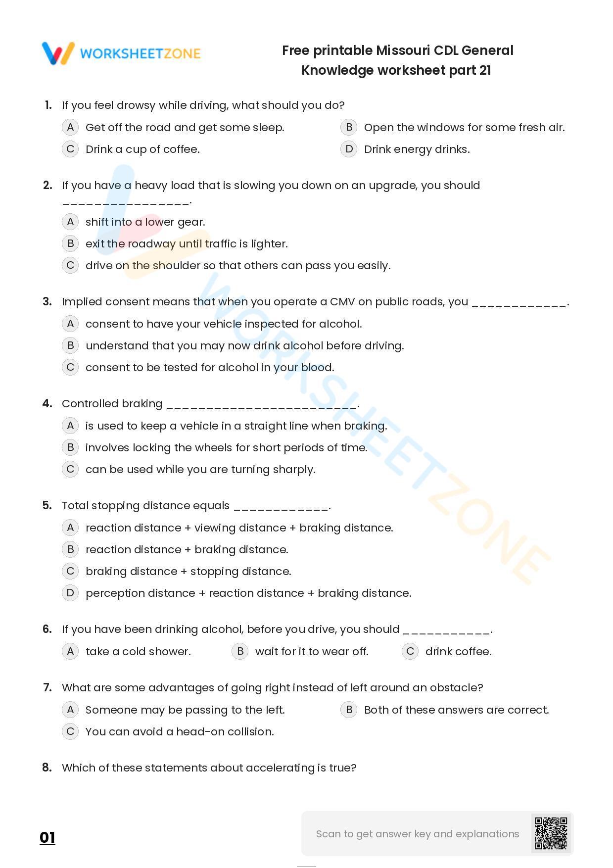 Free Printable Missouri CDL General Knowledge Worksheet Part 21