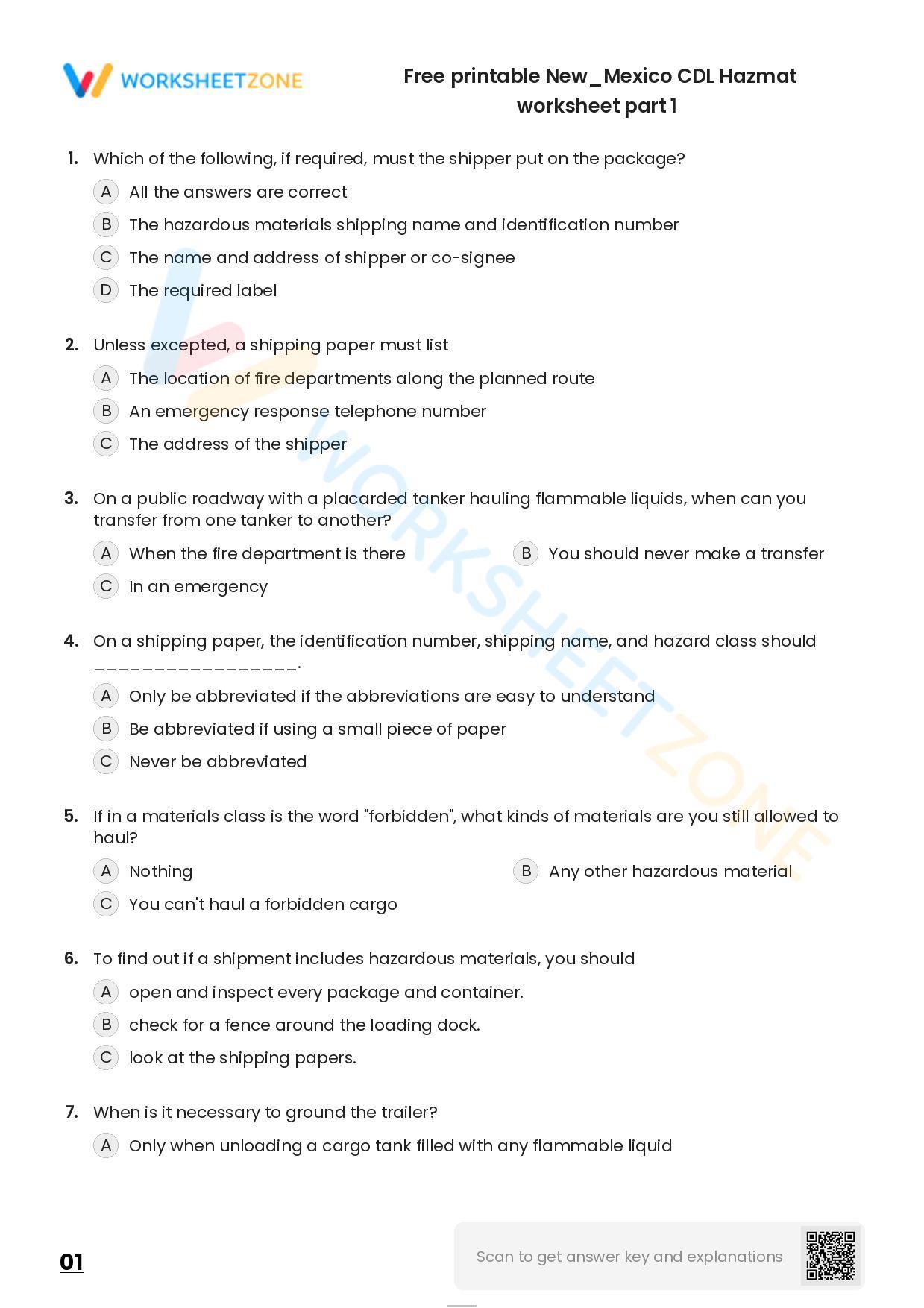 Free printable New/Mexico CDL Hazmat practice test Worksheet Zone