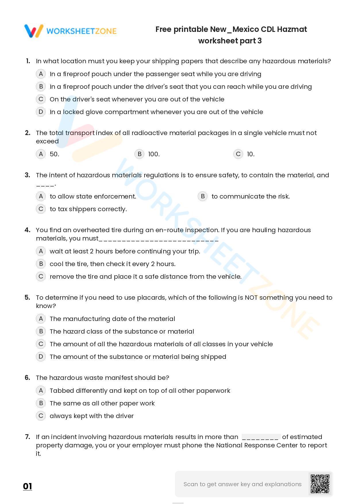 Free printable New/Mexico CDL Hazmat practice test Worksheet Zone