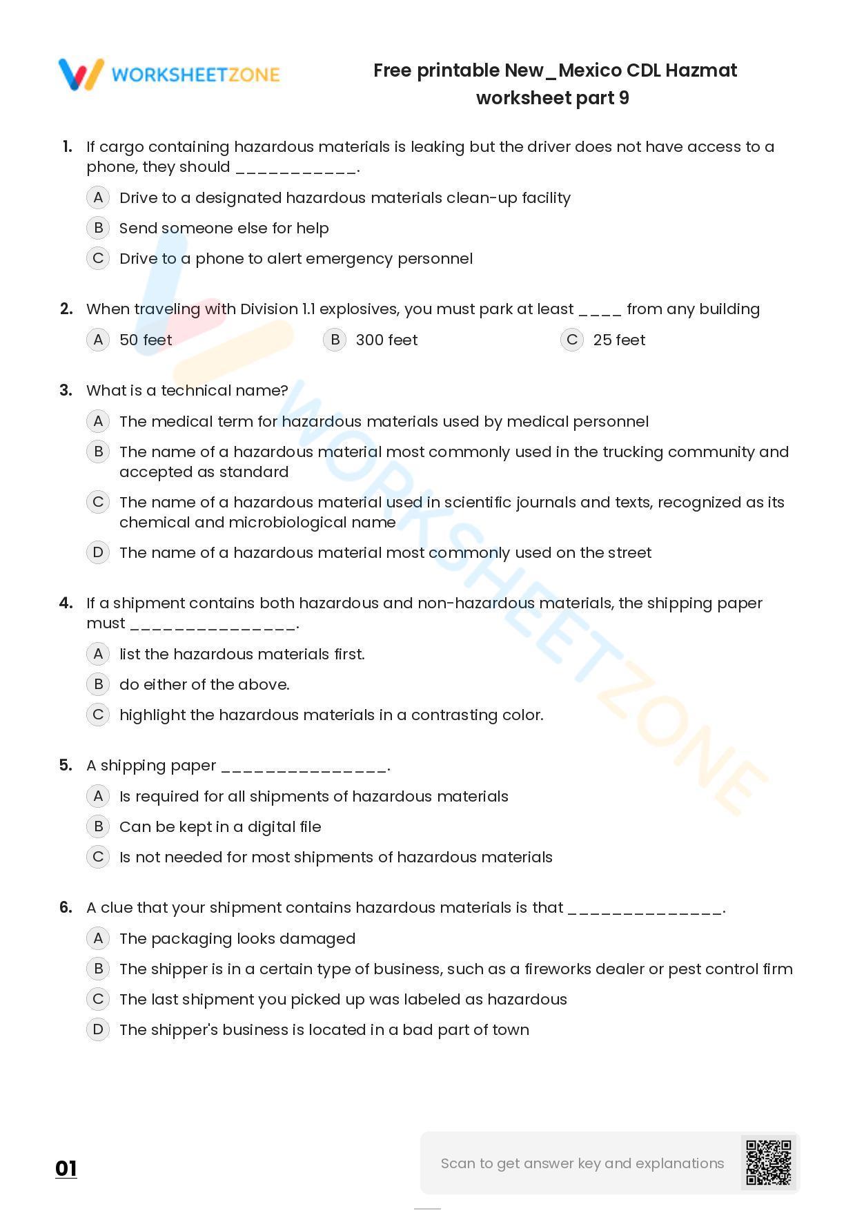 Free printable New/Mexico CDL Hazmat practice test Worksheet Zone