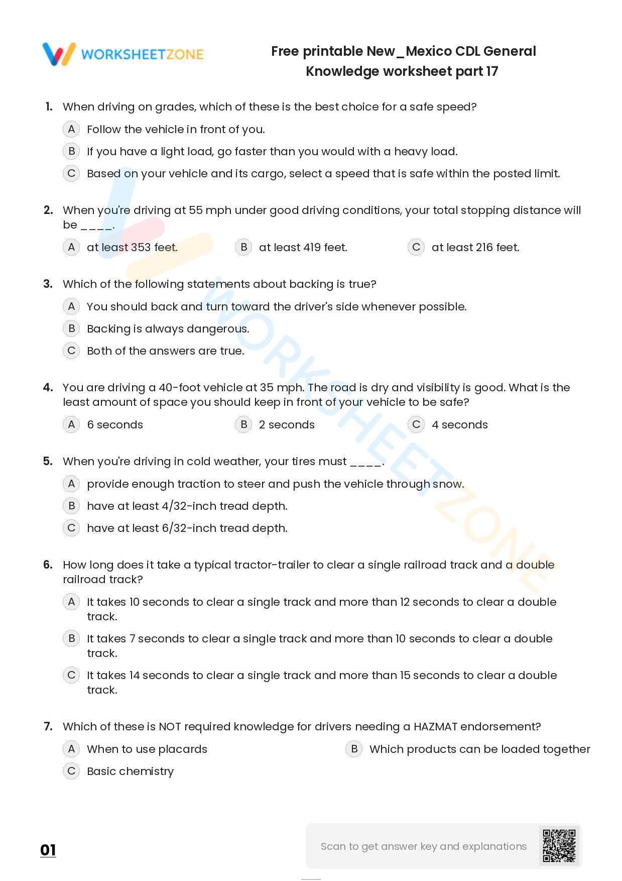 Free Printable New/Mexico CDL General Knowledge Worksheet Part 17