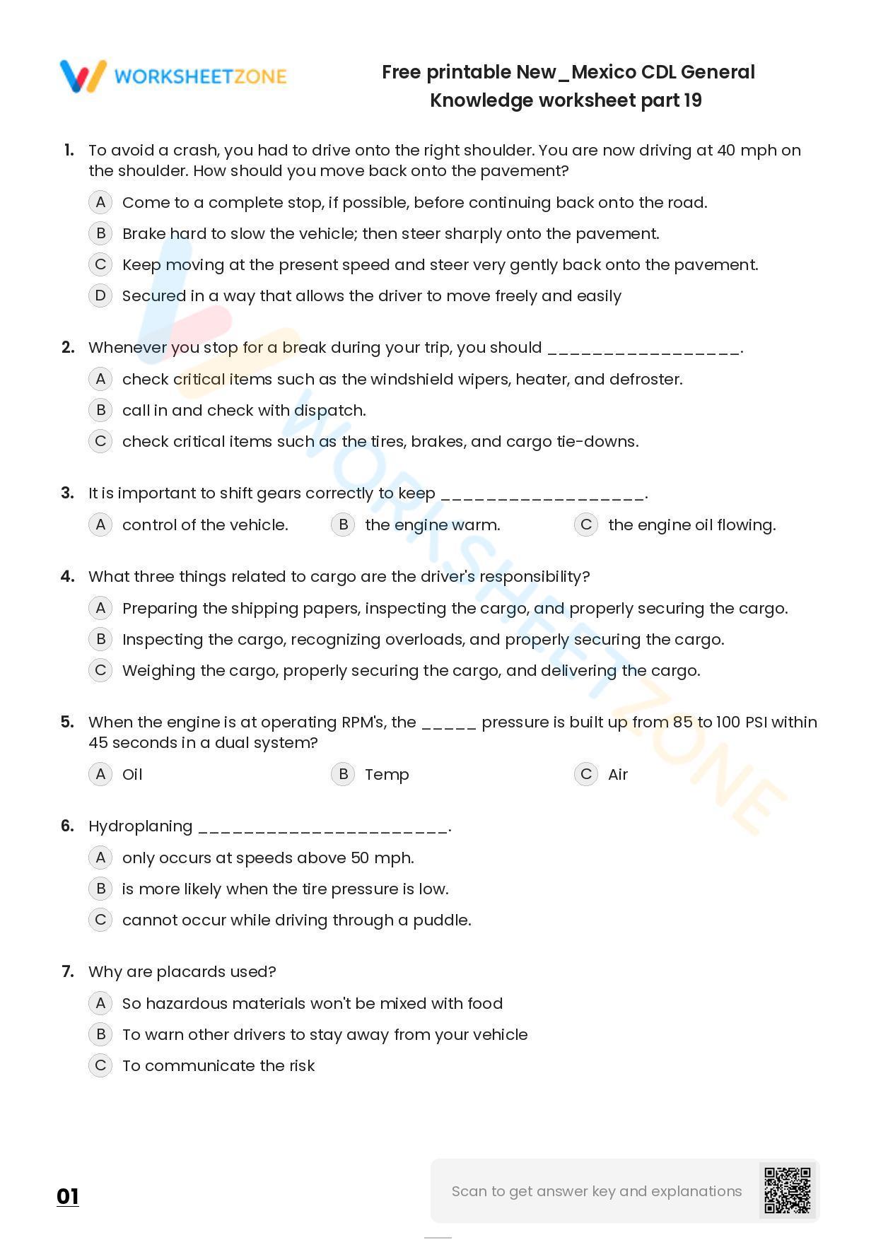 Free Printable New/Mexico CDL General Knowledge Worksheet Part 19