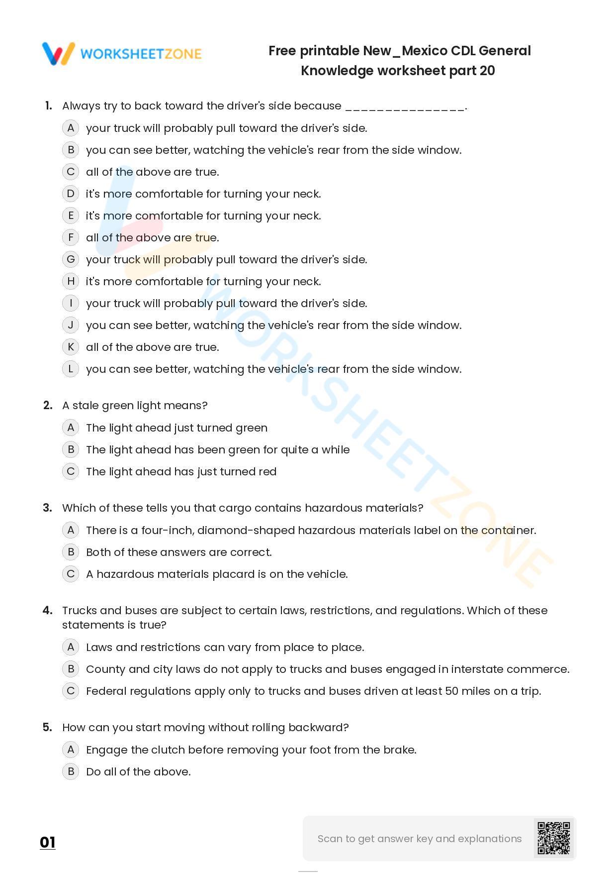 Free Printable New/Mexico CDL General Knowledge Worksheet Part 20