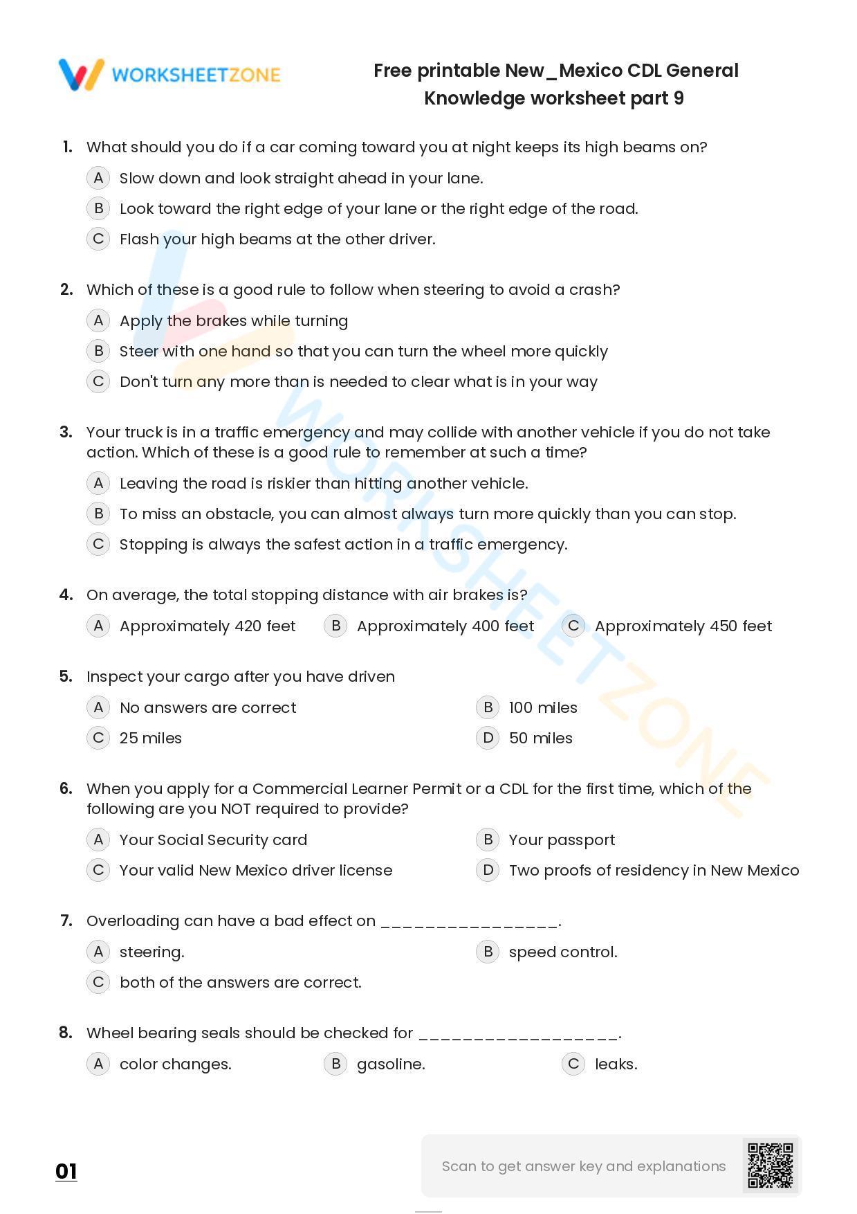 Free Printable New/Mexico CDL General Knowledge Worksheet Part 9