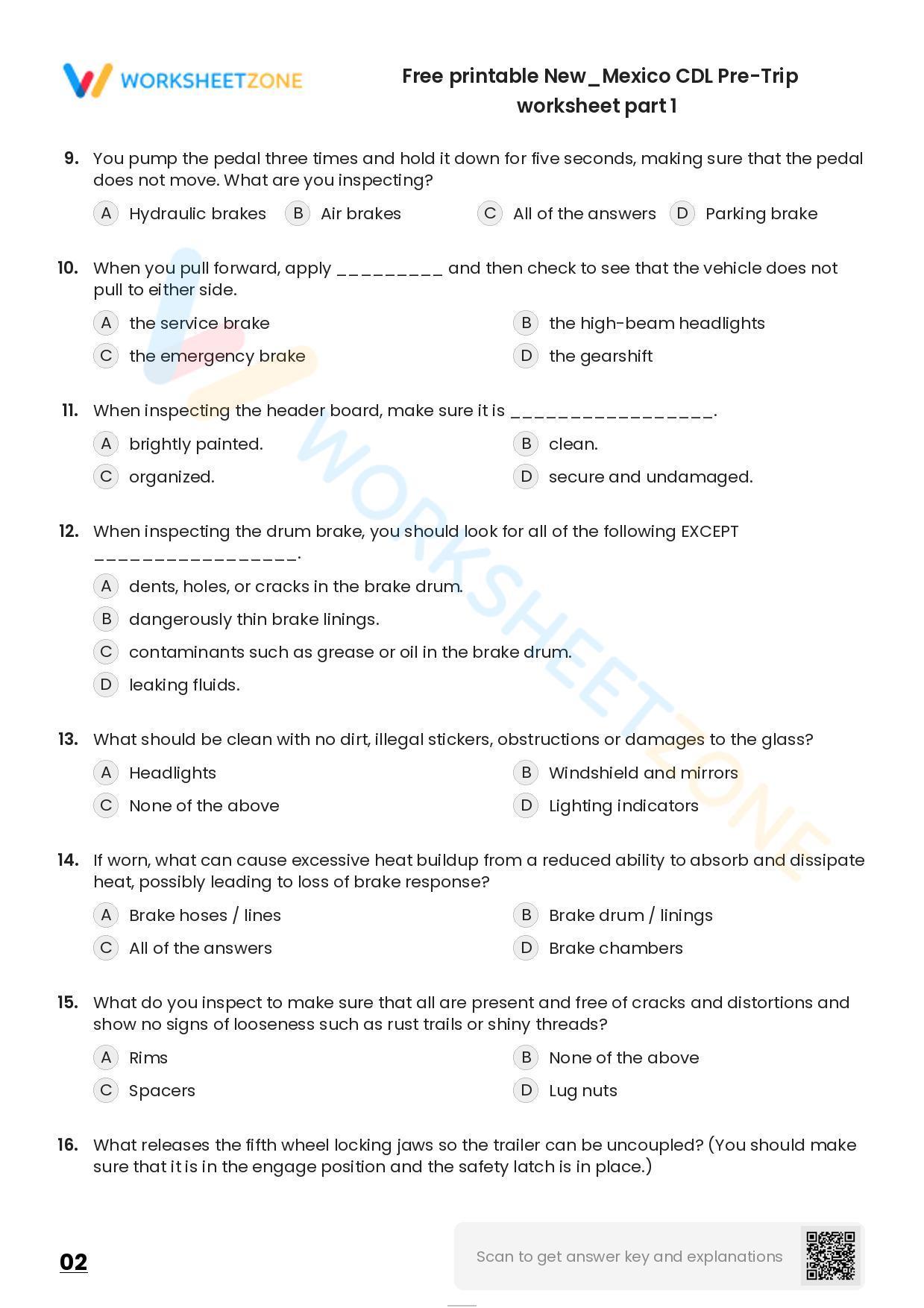 Free printable New/Mexico CDL PreTrip practice test Worksheet Zone