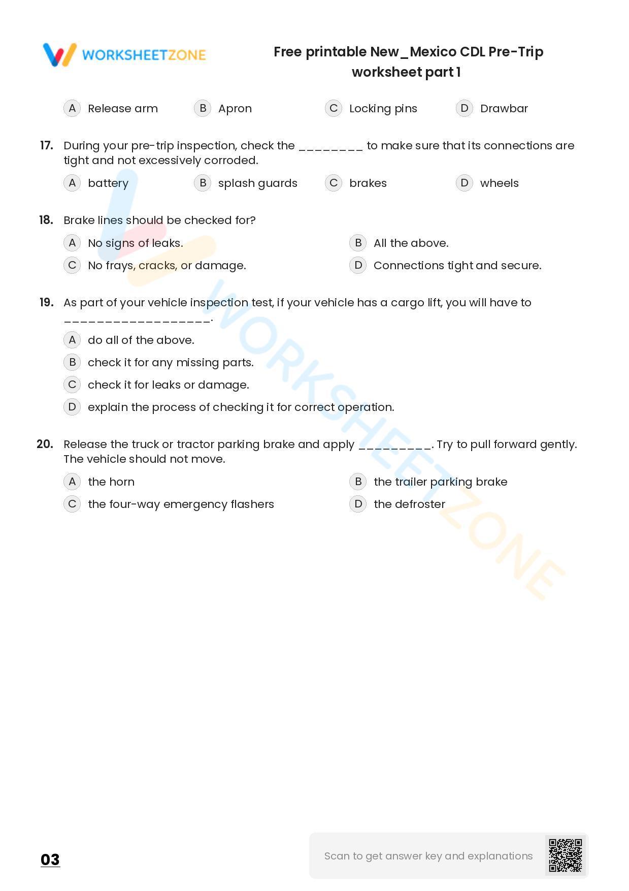 Free printable New/Mexico CDL PreTrip practice test Worksheet Zone
