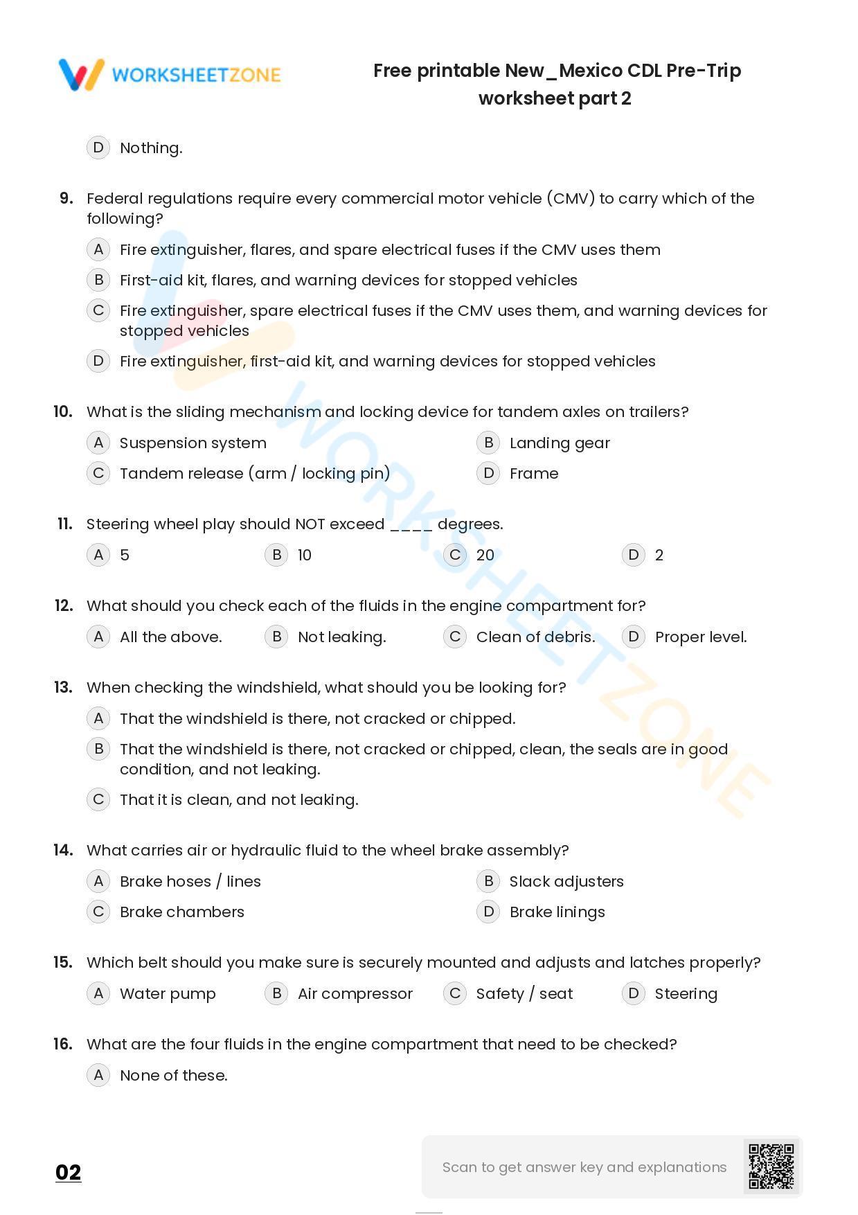 Free printable New/Mexico CDL PreTrip practice test Worksheet Zone
