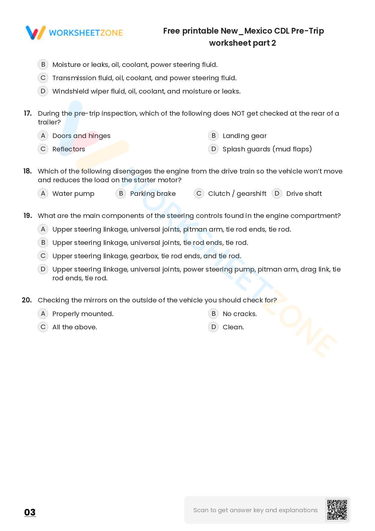 Free printable New/Mexico CDL PreTrip practice test Worksheet Zone