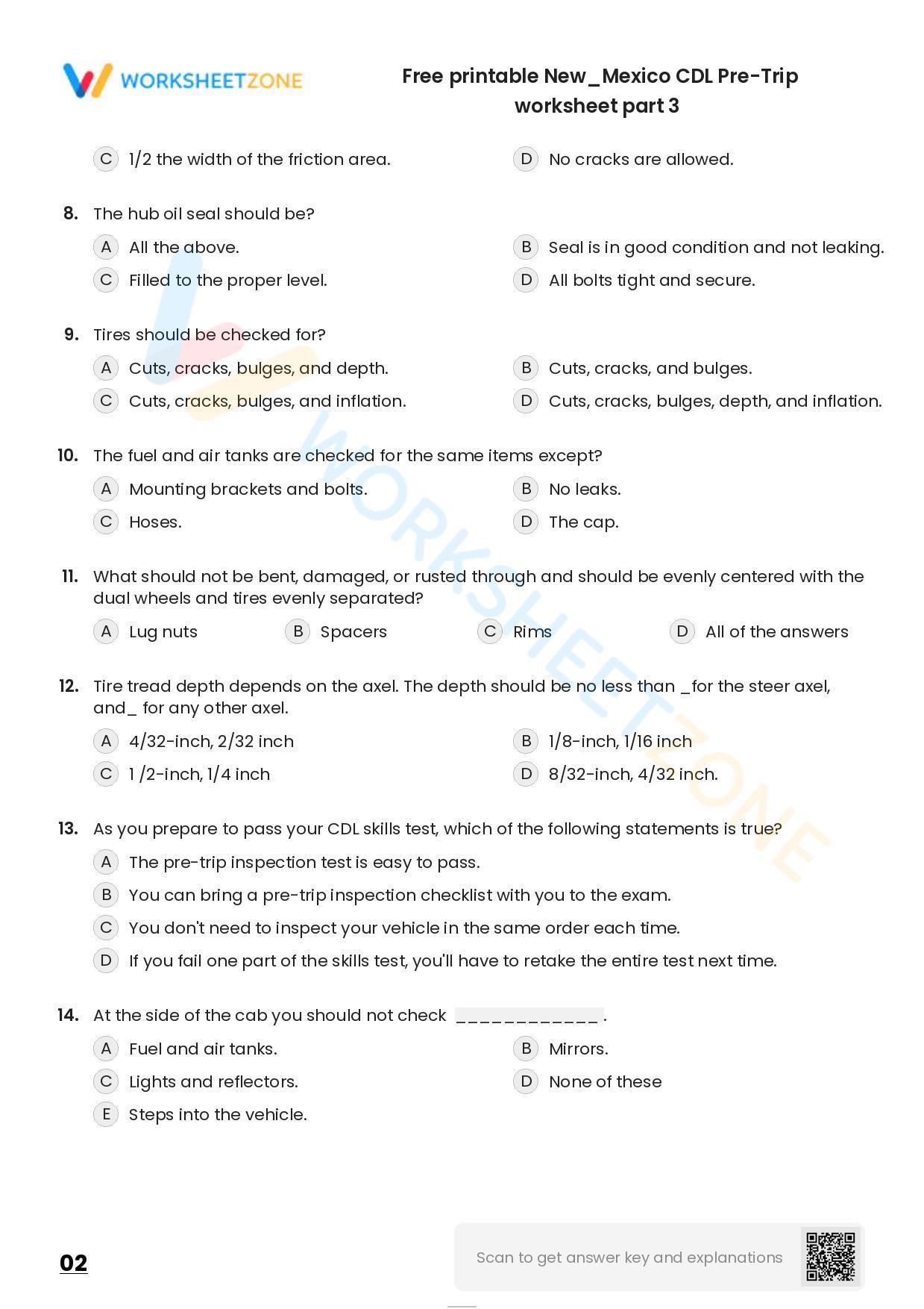 Free printable New/Mexico CDL PreTrip practice test Worksheet Zone