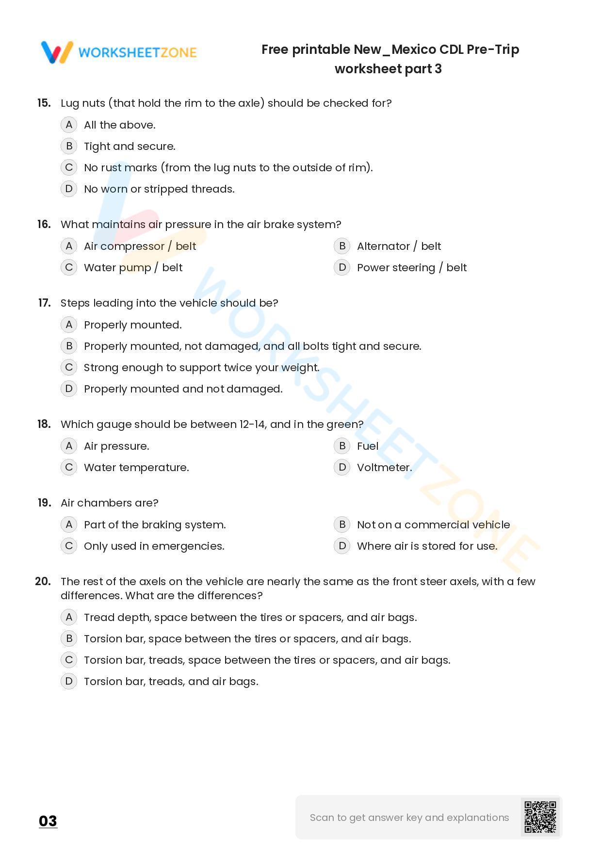 Free printable New/Mexico CDL PreTrip practice test Worksheet Zone